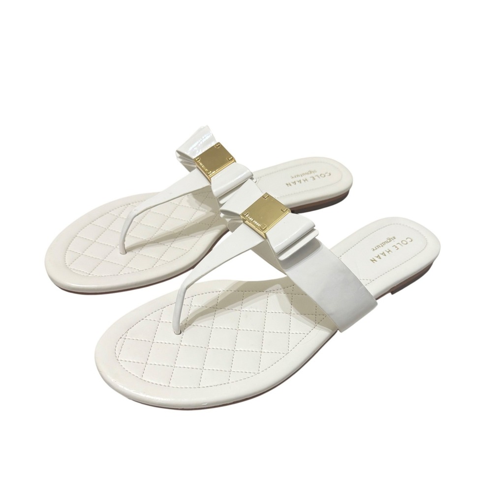 Cole Haan Tali Thong Sandals Womens 8.5 White Leather Bow Flat W03491